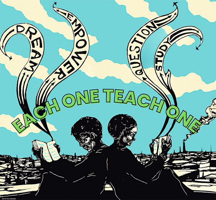 Dream, Empower, Question, Study, Each one, Teach One two boys reading