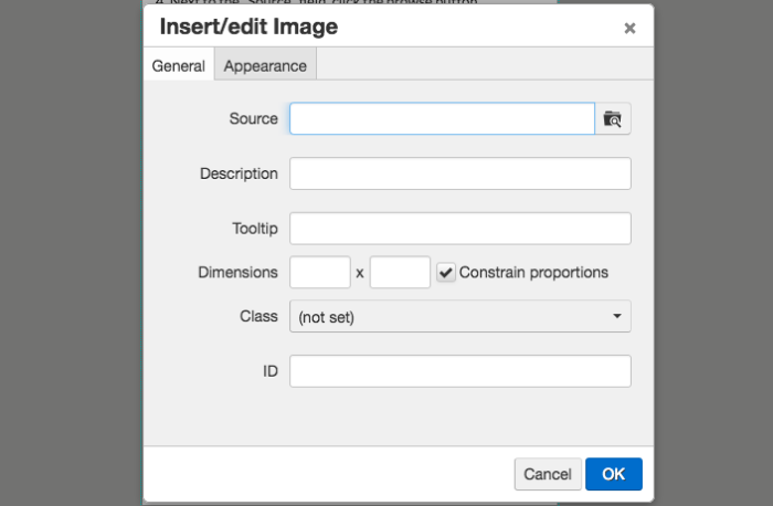 Image editing dialogue box Image editing dialogue box