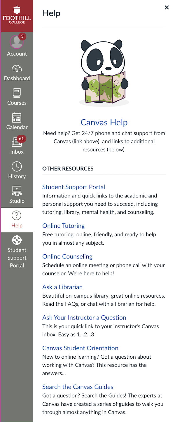 Canvas Help menu on global navigation