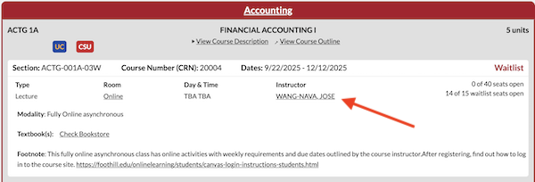 Arrow pointing to instructor name