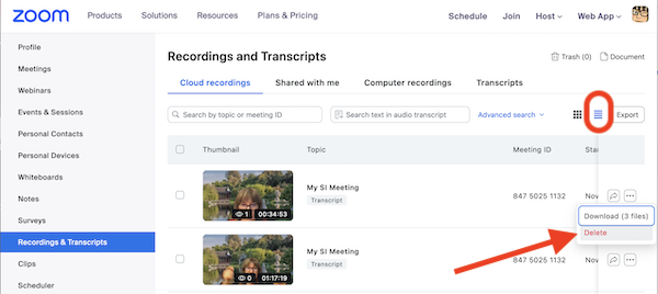 Hamburger menu circled and arrow pointing delete option in more menu Arrows pointing to More button and Delete button