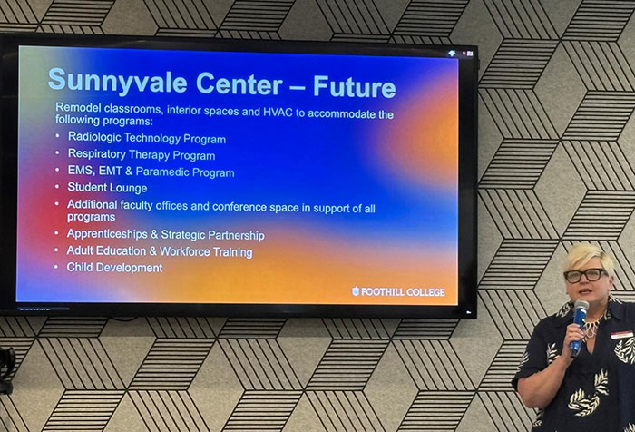 President Whalen speaking next to presentation screen