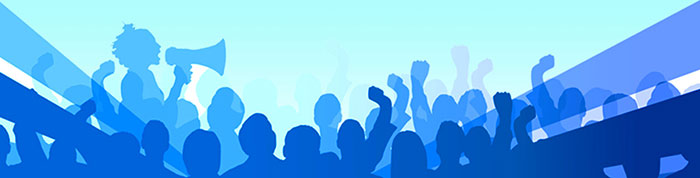 graphics with raised fists and a woman with a megaphone