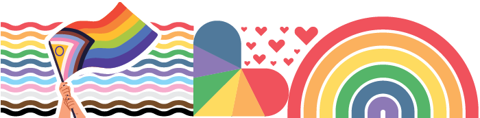 series of graphics with colorful rainbows, two hands holding the rainbow flag