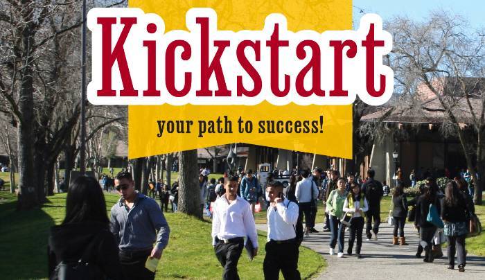 Kickstart: Your Path to Success with students walking in front of library pathway