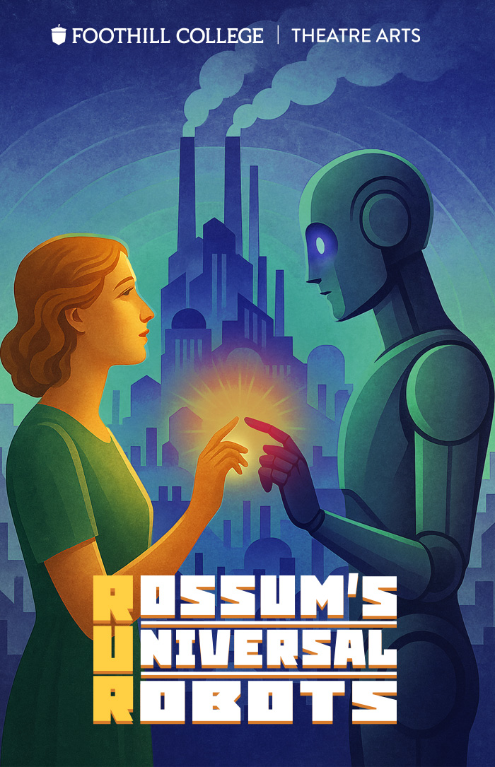 Colorful theatre poster for Foothill College’s production of RUR: Rossum’s Universal Robots. A woman and a robot touch fingertips, creating a glowing light against a futuristic city backdrop.
